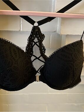 VS Racerback Front Close Lace Overlay Push-Up Bra - Black